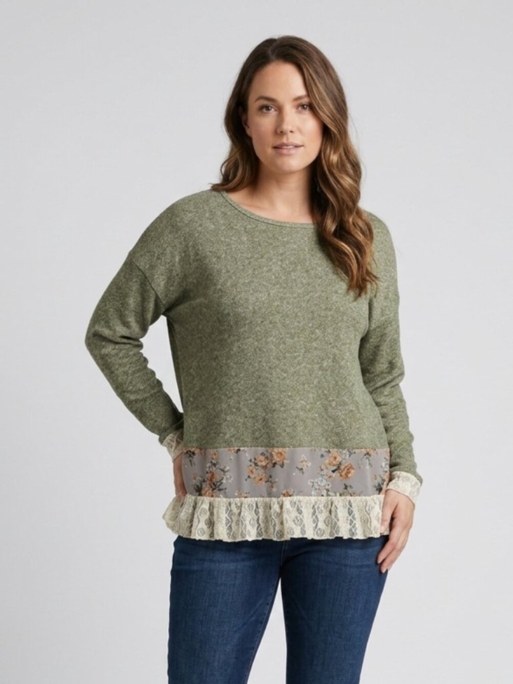 Rod's Western Palace Cottagecore Green Sweater with Floral Panel and Lace